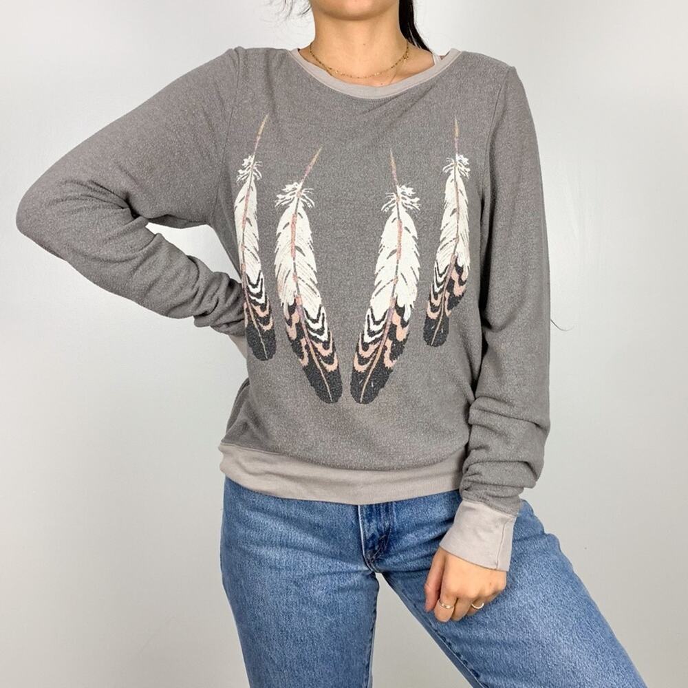 Wildfox Grey Feather Graphic Oversized Pullover Sweatshirt Size Extra Small